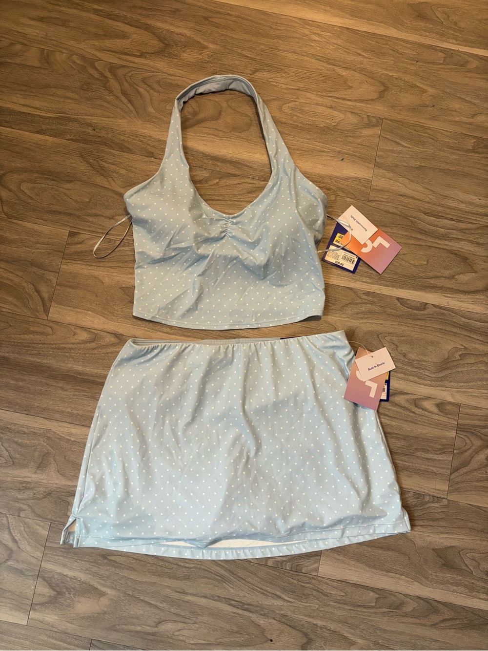 JoyLab Light Blue Mini Skirt with White Polka Dots